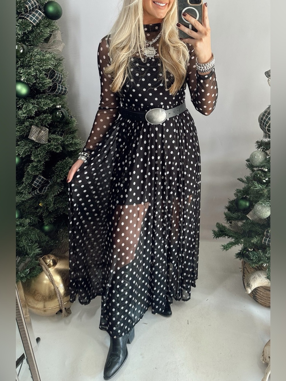 Polka Dot Sheer Mesh Long Sleeve Maxi Dress